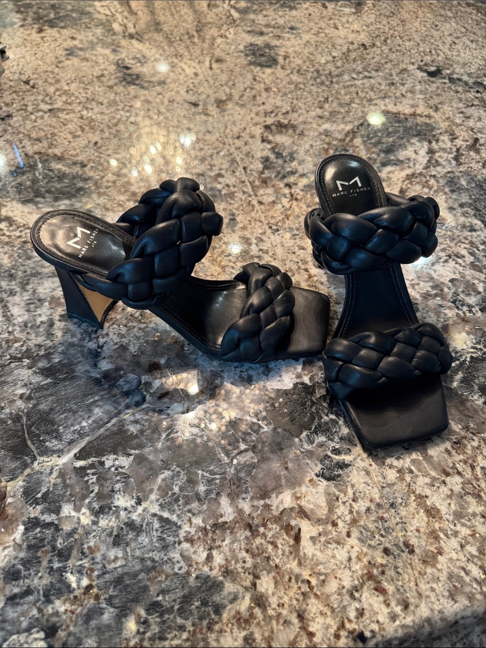 Like New Marc Fisher Black Braided Double-Strap Heel Sandals
